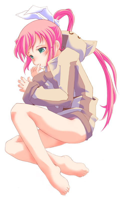blush, bottomless, erika, feet, fetal_position, finger_in_mouth, green_hair, hair_ribbon, hana, hood, long_hair, lying, pangya, pink_hair, ponytail, ribbon, tsak_ftb