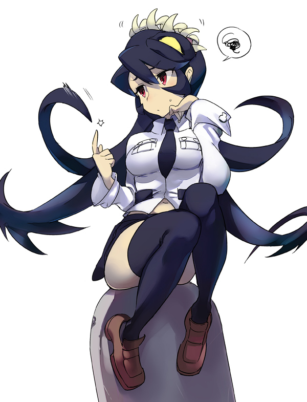 black_hair, black_legwear, blush, breasts, extra_mouth, filia_(skullgirls), frown, futakuchi-onna, large_breasts, long_hair, mikurou_(nayuta), miniskirt, navel, necktie, prehensile_hair, red_eyes, samson_(skullgirls), school_uniform, shoes, simple_background, sitting, skirt, skullgirls, sweatdrop, thigh-highs, thighhighs, white_background, zettai_ryouiki