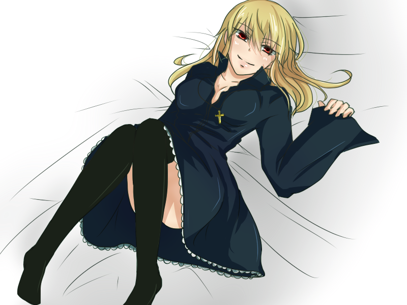 1girl, black_dress, black_legwear, blonde_hair, blush, breasts, cassock, cleavage