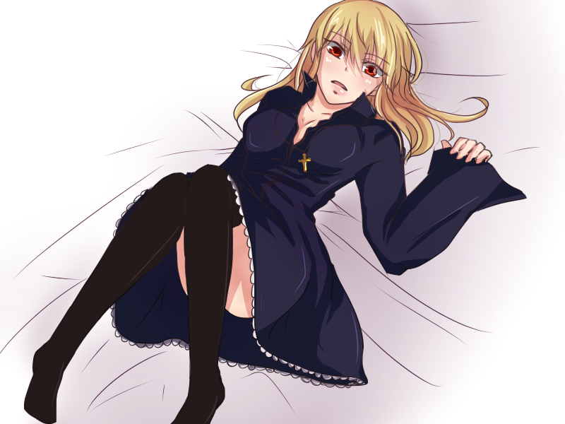 1girl, black_dress, black_legwear, blonde_hair, blush, breasts, cassock, cleavage