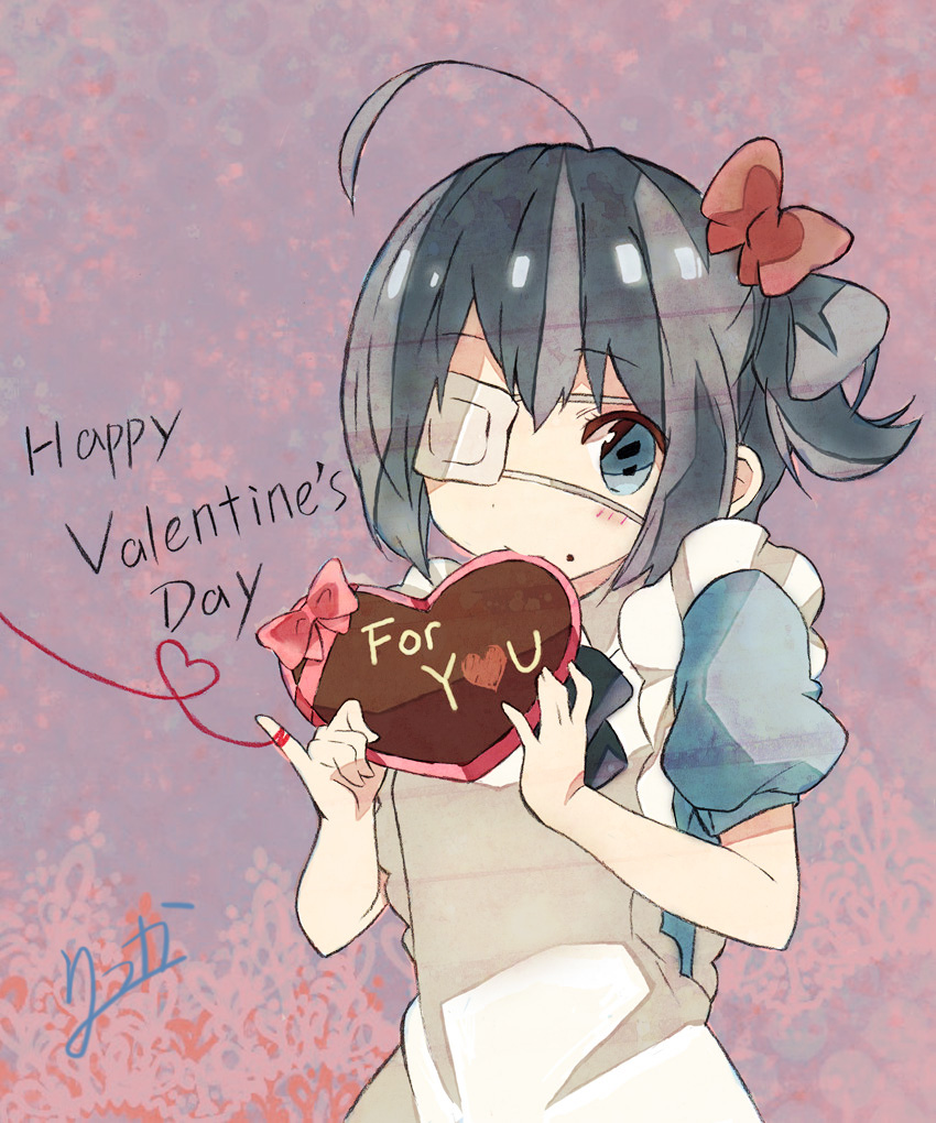 ame_shiori, apron, black_hair, blush, chocolate, chuunibyou_demo_koi_ga_shitai!, eyepatch, happy_valentine, red_string, short_hair, side_ponytail, solo, string, takanashi_rikka, valentine