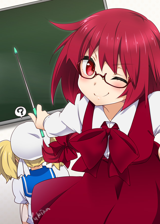 ?, bespectacled, blonde_hair, blush, chalkboard, glasses, hat, kitashirakawa_chiyuri