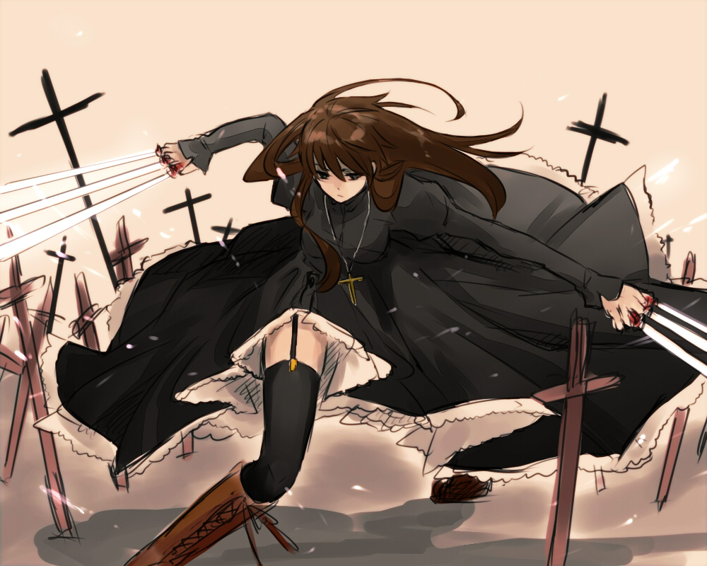black_keys, boots, brown_hair, cassock, cross, cross-laced_footwear, cross_necklace, dual_wielding