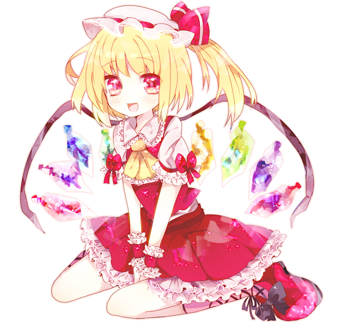 ascot, blonde_hair, bow, flandre_scarlet, hat, hat_ribbon, looking_at_viewer, open_mouth, pink_eyes, puffy_sleeves, ribbon, shirt, short_hair, side_ponytail, sitting, skirt, skirt_set, smile, solo, taru, taru_(sougoubunnka), touhou, v_arms, vest, wariza, wings, wrist_cuffs, wrist_ribbon