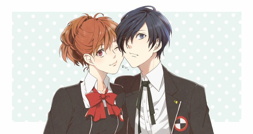 1girl, arisato_minato, blue_eyes, blue_hair, bow, brown_hair, female_protagonist_(persona_3), hair_over_one_eye