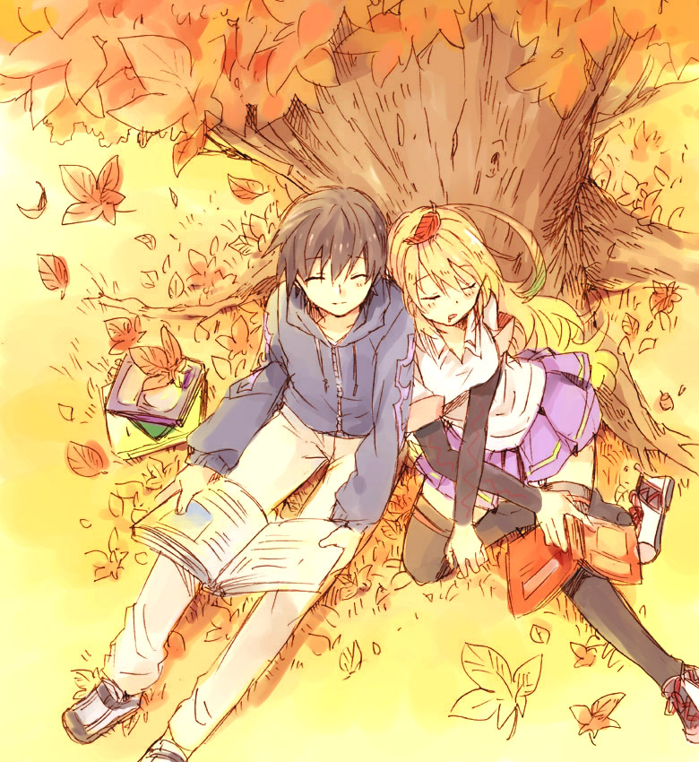 autumn, black_hair, blonde_hair, book, closed_eyes, detached_sleeves, eyes_closed, gradient_hair