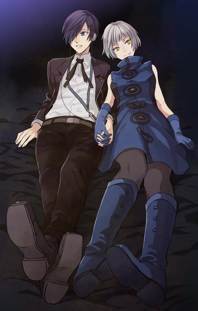 1girl, arisato_minato, blue_dress, blue_eyes, blue_hair, boots, couple, digital_media_player