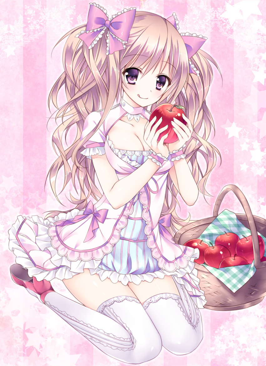 :q, apple, basket, bow, breasts, cleavage, dress, food