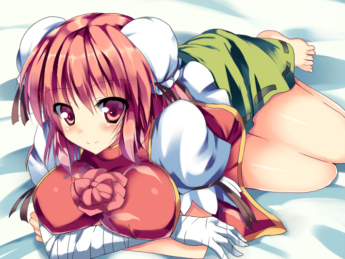 bandage, bandages, barefoot, double_bun, flower, ibaraki_kasen, lying, midori-shiki