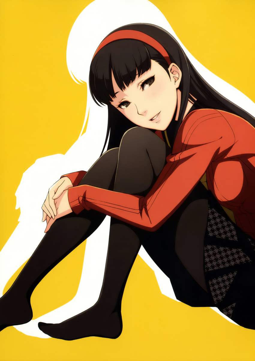 absurdres, amagi_yukiko, black_hair, black_legwear, brown_eyes, cardigan, hairband, highres