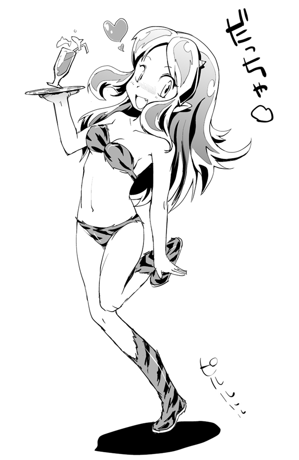 blush, fang, heart, horns, long_hair, lum, monochrome, pointy_ears, swimsuit, tiger_print, urusei_yatsura, yam_(nekobeya)