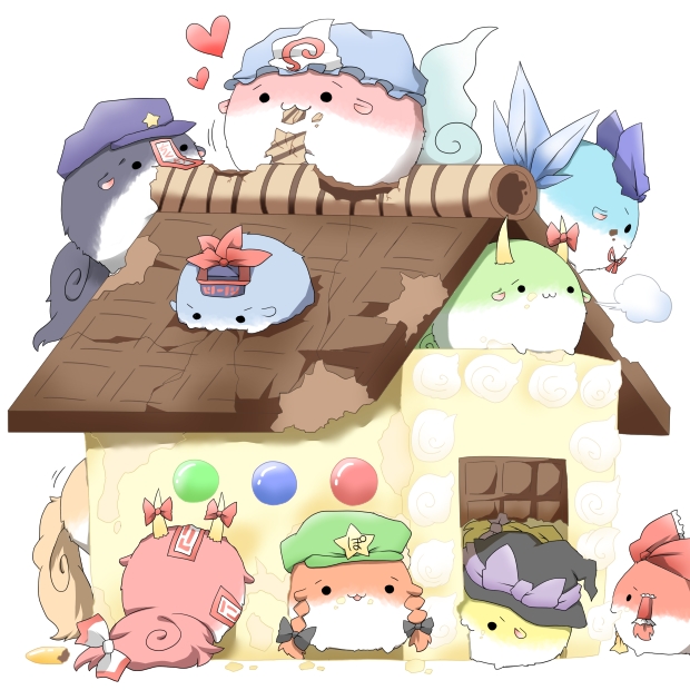 bow, braid, chibi, cirno, eating, ex-keine, fujiwara_no_mokou, gingerbread_house