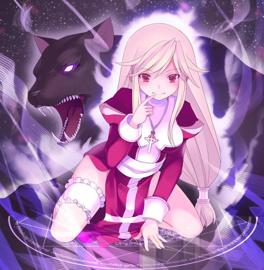 breasts, cross, dress, fireflysnow, high_priest, jewelry, kneeling, long_hair
