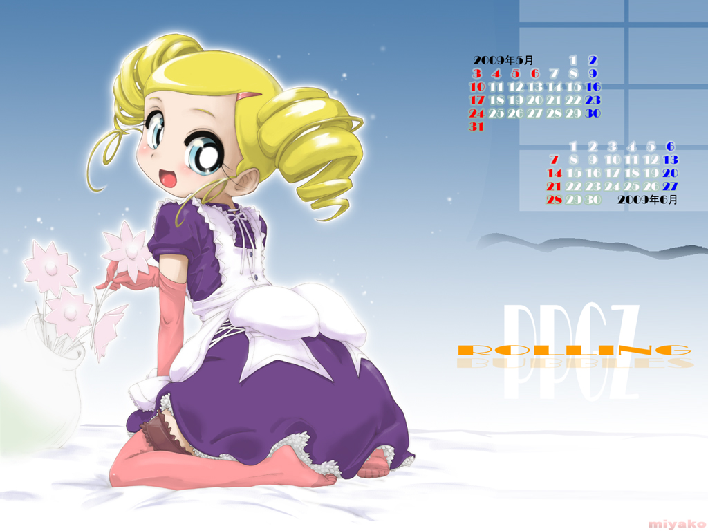 blue_eyes, blue_hair, calendar, calendar_(medium), drill_hair, elbow_gloves, feet, flower