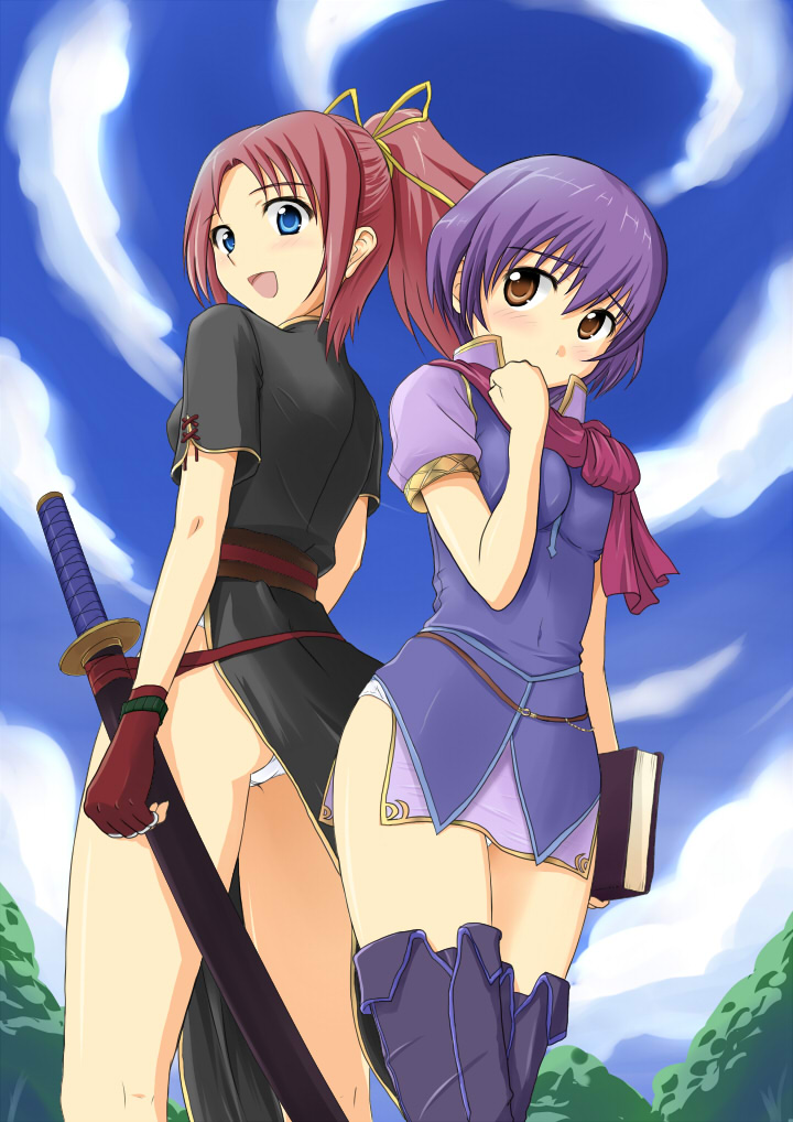 2girls, blue_eyes, blush, book, boots, brown_eyes, catalina, female_my_unit_(fire_emblem:_shin_monshou_no_nazo)