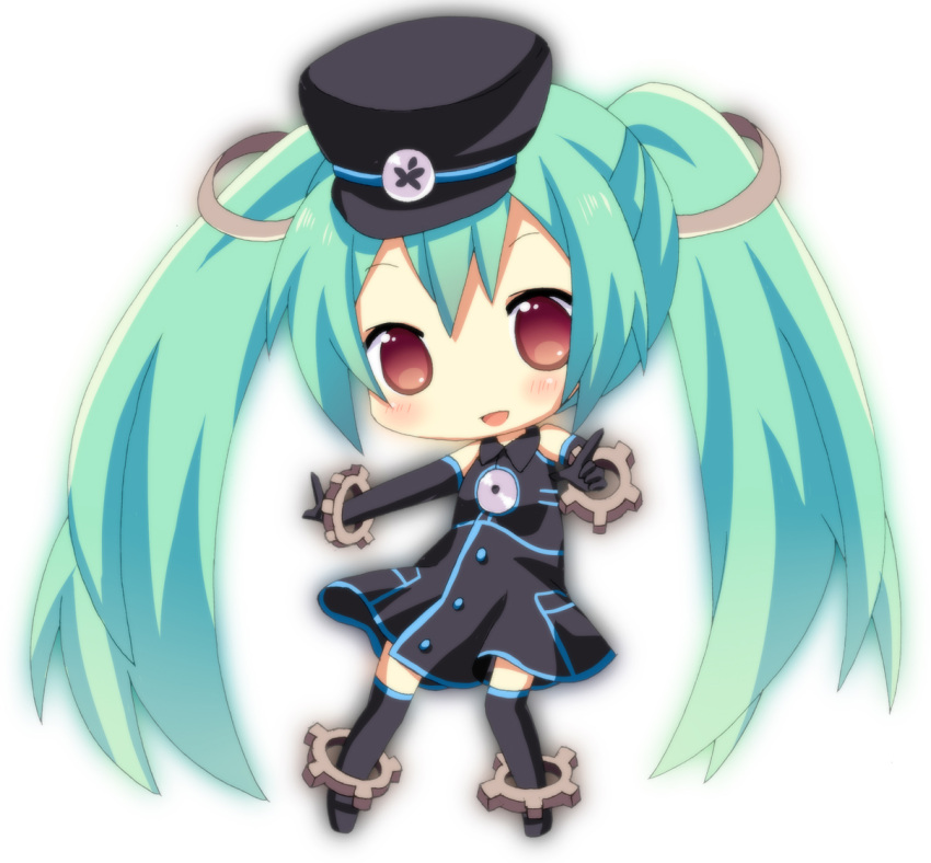 1girl, aqua_hair, bad_id, blush, chibi, gears, hat, hatsune_miku, kumakichi_(toshigat), open_mouth, project_diva, project_diva_(series), project_diva_f, red_eyes, sadistic_music_factory_(vocaloid), smile, solo, toshigat, twintails, vocaloid