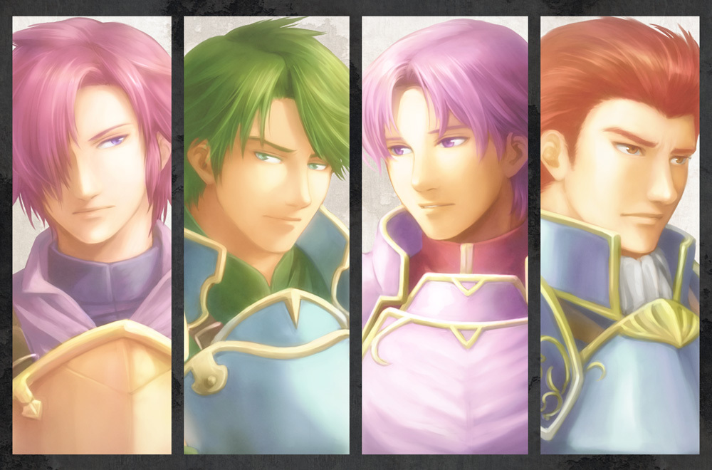 armor, column_lineup, fire_emblem, fire_emblem:_mystery_of_the_emblem, green_eyes, green_hair, hair_over_one_eye, kinoeneko, male, multiple_boys, pink_eyes, pink_hair, purple_eyes, red_eyes, red_hair, redhead, roshea, sedgar, short_hair, violet_eyes, vyland, wolf_(fire_emblem)