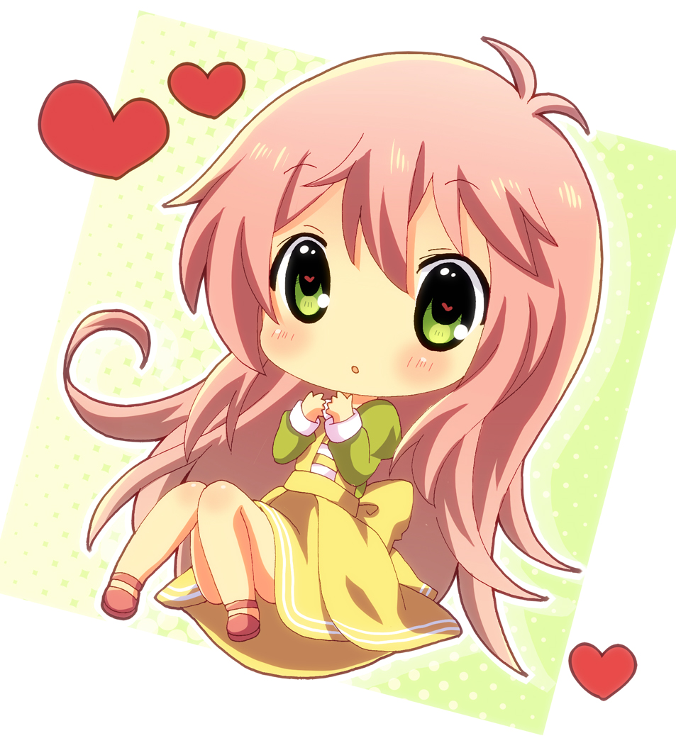 bad_anatomy, bad_id, blush, chibi, green_eyes, heart, heart-shaped_pupils, jinrui_wa_suitai_shimashita