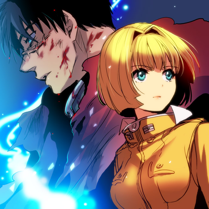 1girl, alice_l_malvin, aqua_eyes, black_hair, blonde_hair, blood, cape, harumi_chihiro, pumpkin_scissors, randal_orlando, scar, short_hair, uniform