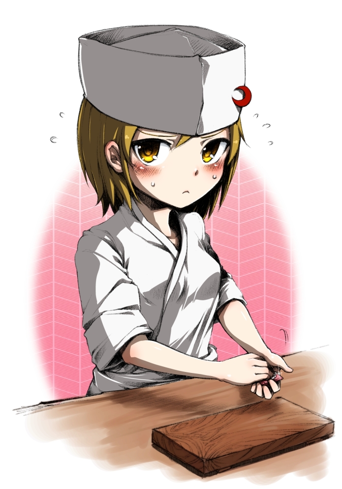 1girl, alternate_costume, blonde_hair, blush, chef_hat, chopping_board, cooking, crescent, flat_top_chef_hat, flying_sweatdrops, harusame_(unmei_no_ikasumi), hat, holding, lunasa_prismriver, short_hair, solo, sweat, touhou, yellow_eyes