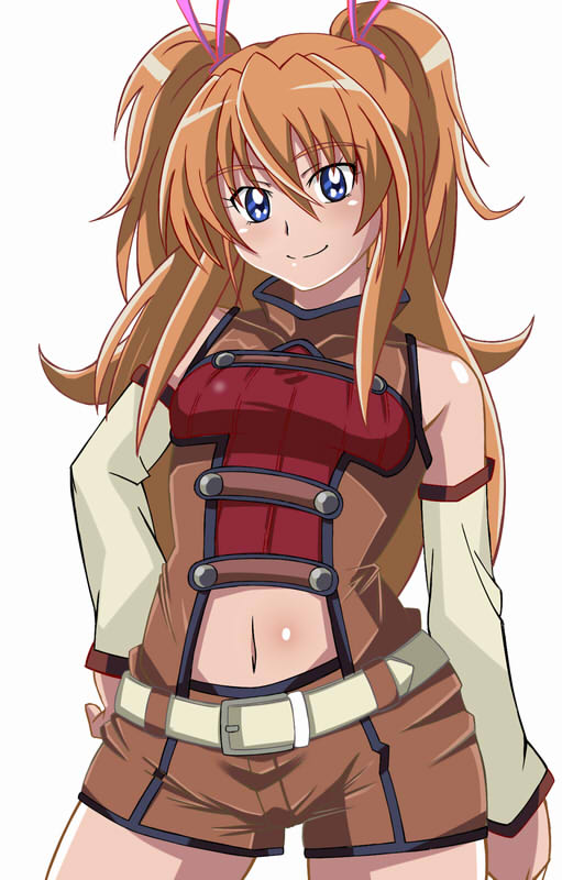 blue_eyes, brown_hair, code_geass, cosplay, hand_on_hip, houjou_hibiki, jun_(666), kallen_stadtfeld, kallen_stadtfeld_(cosplay), koshimizu_ami, long_hair, looking_at_viewer, navel, precure, seiyuu_connection, simple_background, smile, solo, suite_precure, white_background