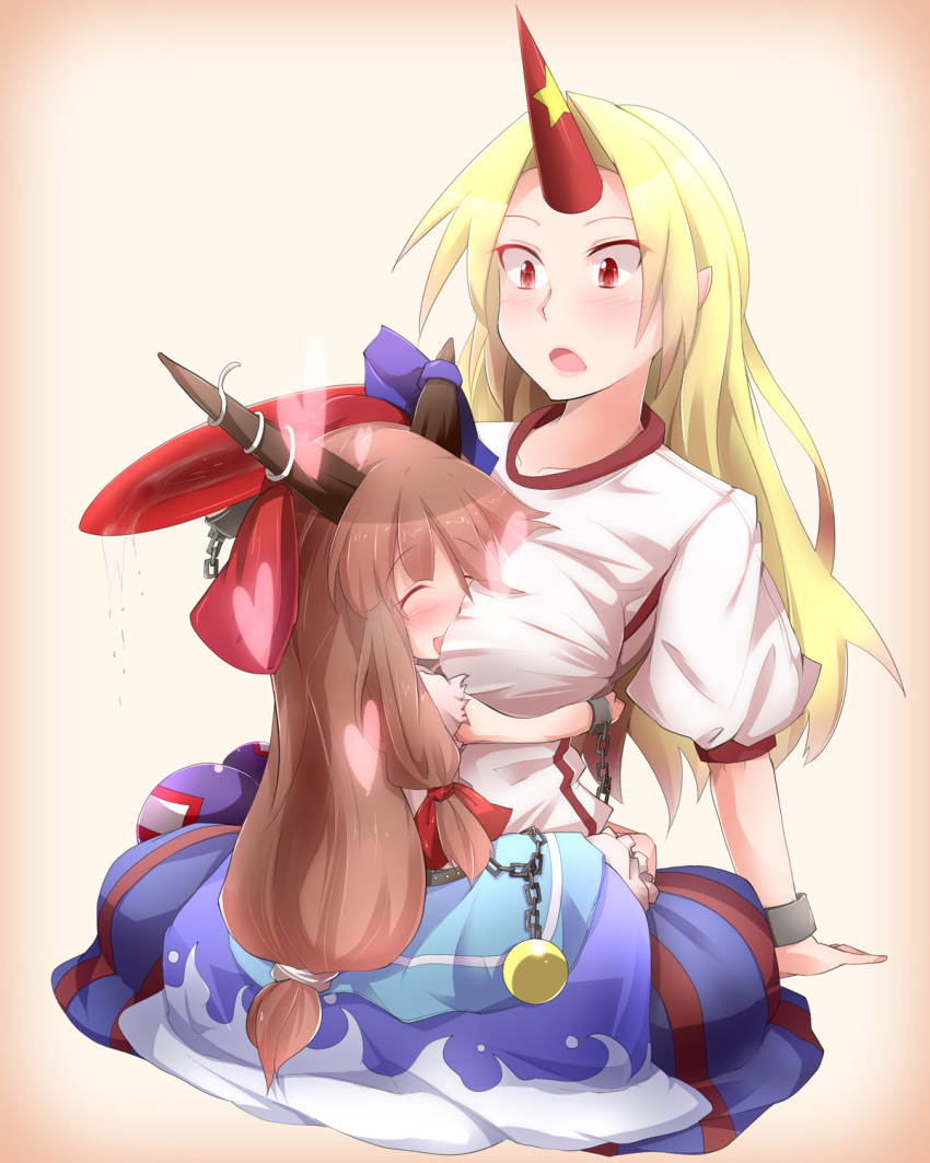 ^_^, blonde_hair, blush, breast_pillow, breast_smother, breasts, brown_hair, chain
