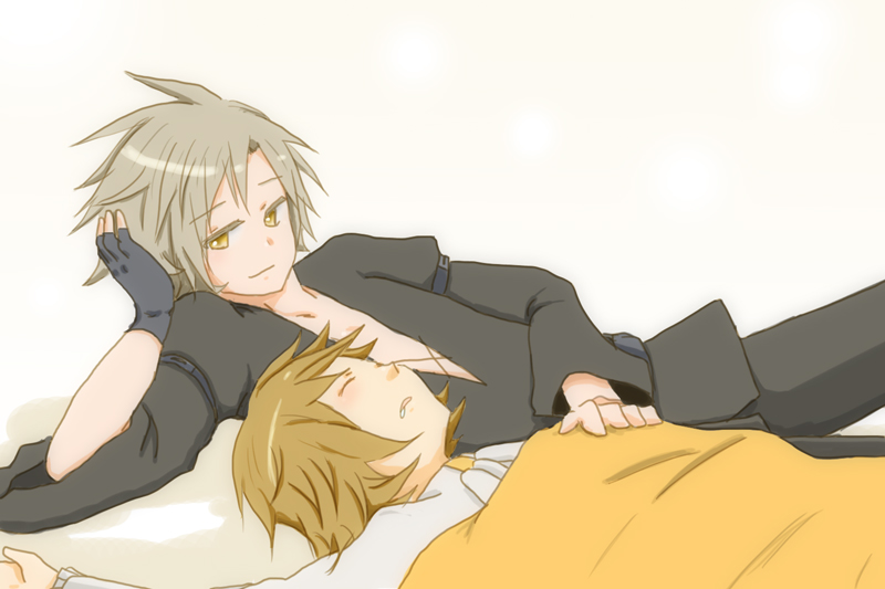 blanket, blonde_hair, brown_eyes, brown_hair, fingerless_gloves, gloves, masoi, mikogami_hayato, mutsu_(sekirei), pillow, sekirei, short_hair, sleeping, smile