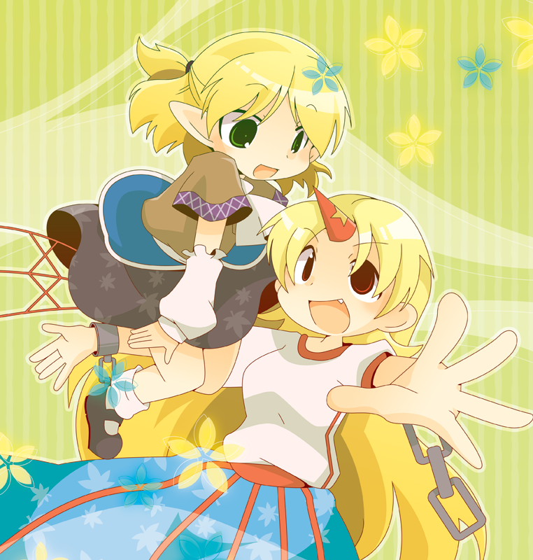 blonde_hair, fang, green_eyes, horn, hoshiguma_yuugi, long_hair, long_skirt, misaki_(1n1m), mizuhashi_parsee, multiple_girls, open_mouth, pointy_ears, skirt, smile, touhou, very_long_hair