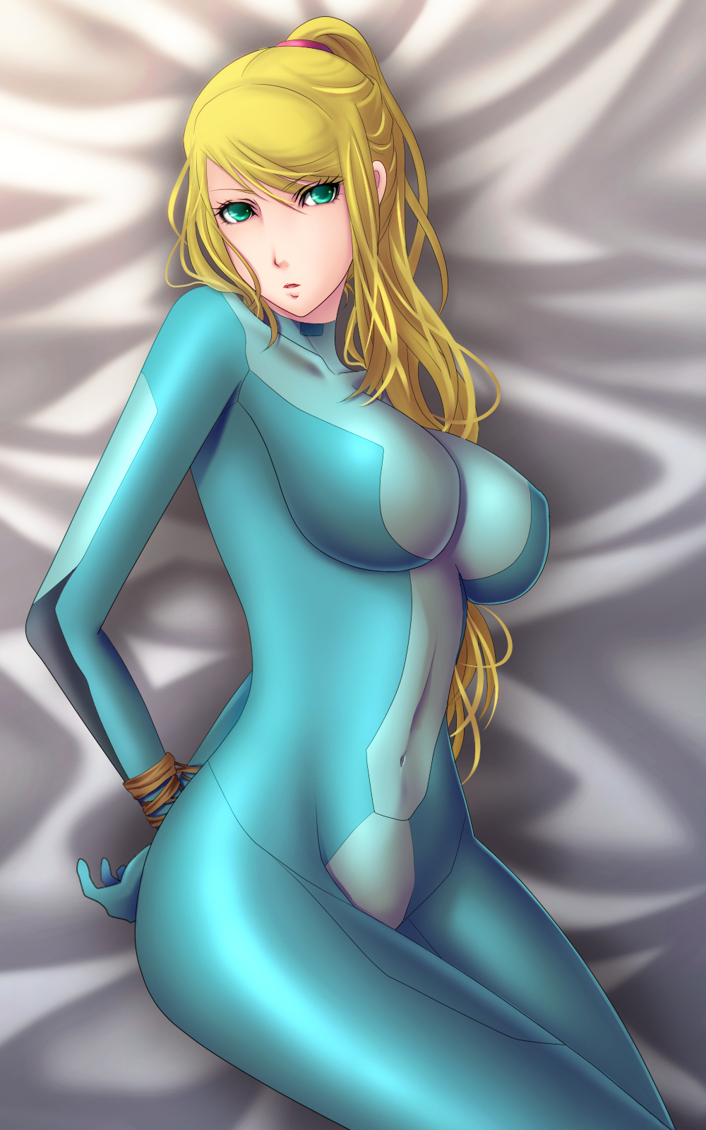 arms_behind_back, bdsm, blonde_hair, blue_eyes, bodysuit, bondage, bound_wrists, breasts