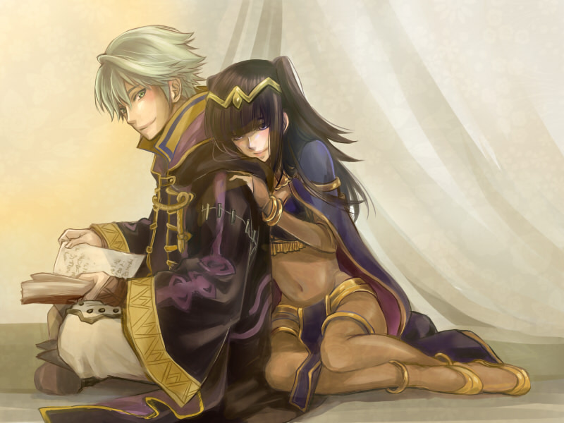 bodysuit, book, bracelet, cape, cloak, couple, fire_emblem, fire_emblem:_kakusei, jewelry, long_hair, my_unit, otoka_hisagi, purple_eyes, sarja, violet_eyes