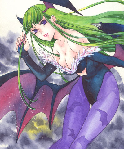 bangs, bare_shoulders, blunt_bangs, breasts, bridal_gauntlets, cleavage, demon_wings, feathers