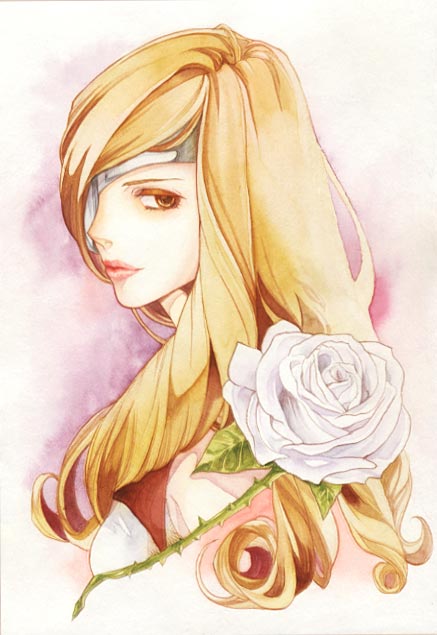 beatrix, brown_eyes, brown_hair, drill_hair, eyepatch, face, final_fantasy, final_fantasy_ix, flower, lips, looking_back, rose, slinkyui, solo, traditional_media, watercolor_(medium), white_rose
