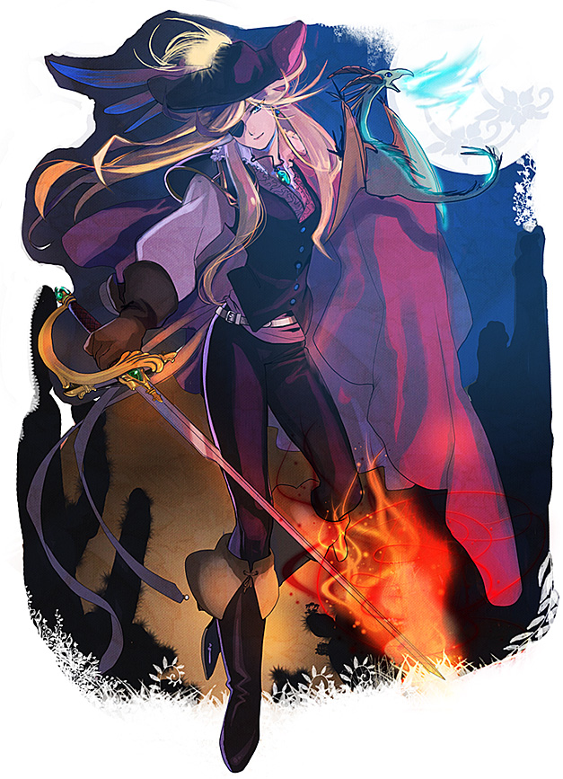 blonde_hair, boots, brooch, cape, dragon, eyepatch, fire, full_body, full_moon, gloves, hat, jewelry, long_hair, long_sleeves, moon, moonlight, night, pants, pixiv_fantasia, pixiv_fantasia_4, puffy_long_sleeves, puffy_sleeves, solo, sui_(soo008), sword, vest, weapon