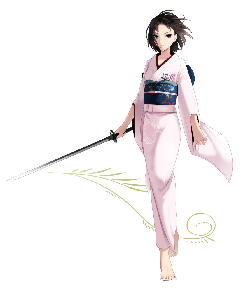barefoot, blue_eyes, brown_hair, highres, japanese_clothes, kara_no_kyoukai, katana, kimono