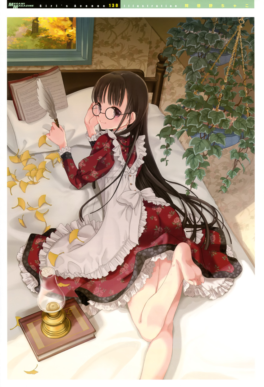 abeno_chaco, absurdres, adjusting_glasses, artist_request, autumn, barefoot, bed, book