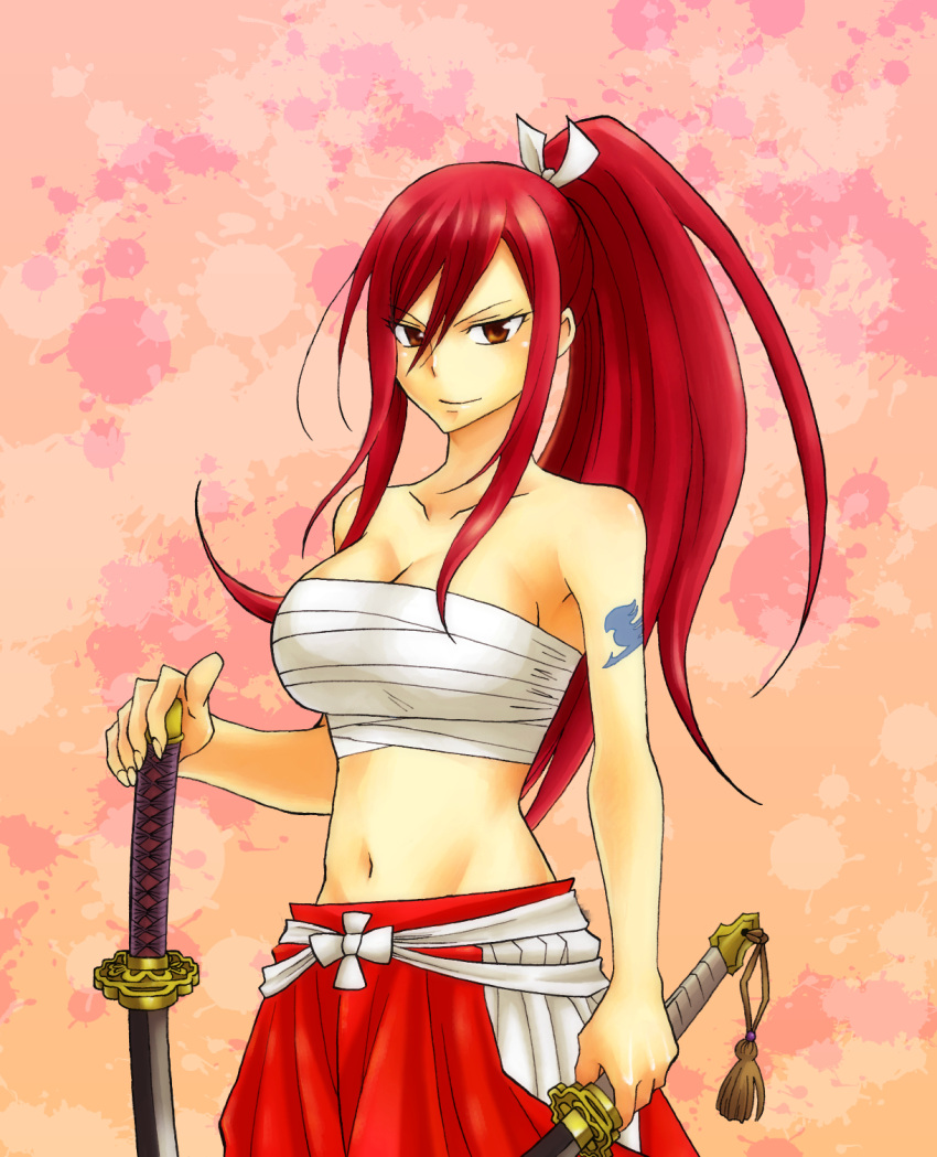 1girl, bow, breasts, brown_eyes, collarbone, dual_wielding, erza_scarlet, fairy_tail