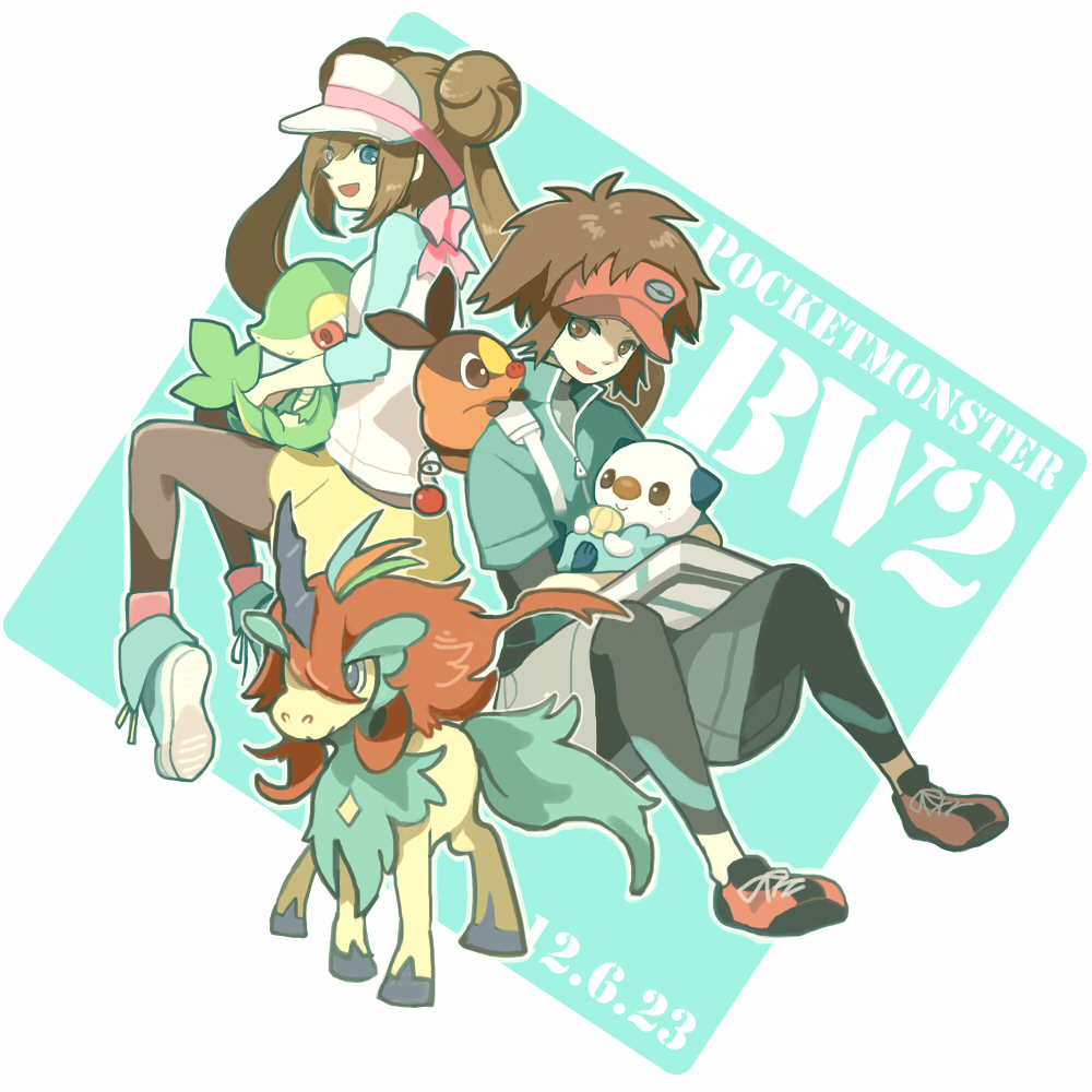 1girl, blue_eyes, brown_eyes, brown_hair, double_bun, keldeo, kyouhei_(pokemon), leggings, legwear_under_shorts, mei_(pokemon), oshawott, pantyhose, pokemon, pokemon_(game), pokemon_bw2, raglan_sleeves, shorts, sitting, smile, snivy, tasuku_(pixiv90455), tepig, title_drop, twintails, visor_cap