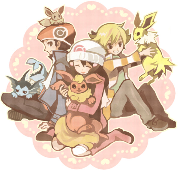 2boys, beanie, beret, black_hair, blonde_hair, eevee, flareon, hair_ornament