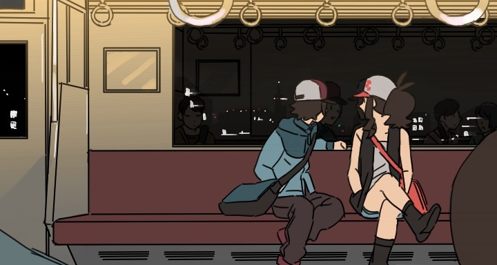 1boy, 1girl, bare_legs, baseball_cap, brown_hair, crossed_legs, curious, hat