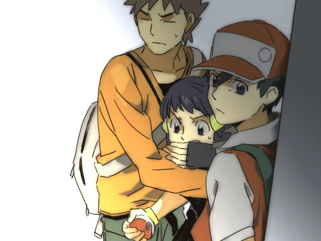 1girl, 2boys, fingerless_gloves, gloves, hair_ornament, hiding, hikari_(pokemon), holding