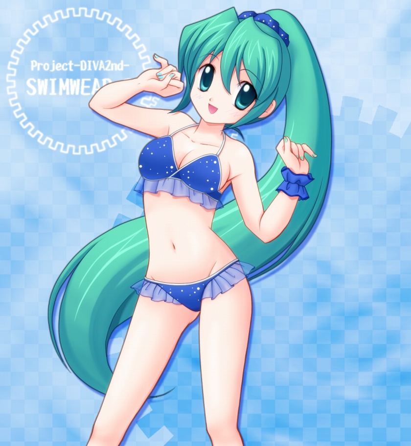 1girl, alternate_hairstyle, aoya_(hoshixii), bikini, checkered, checkered_background, green_eyes, green_hair