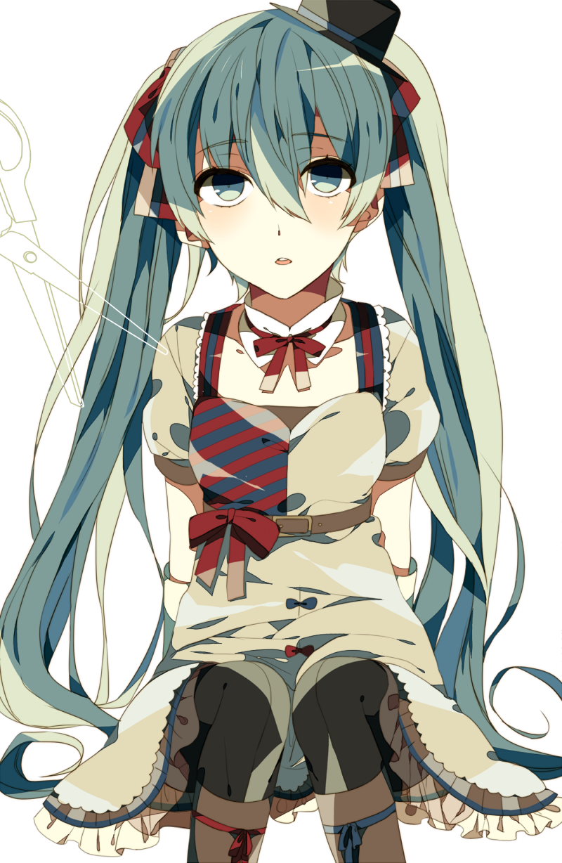 1girl, boots, dress, ennui_heiwa_miku, green_eyes, green_hair, hair_ribbon, hat
