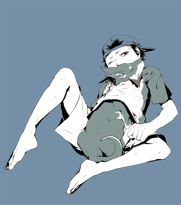 barefoot, baseball_cap, doberman, dog, hat, male, shiro_(reptil), shishido_ryou