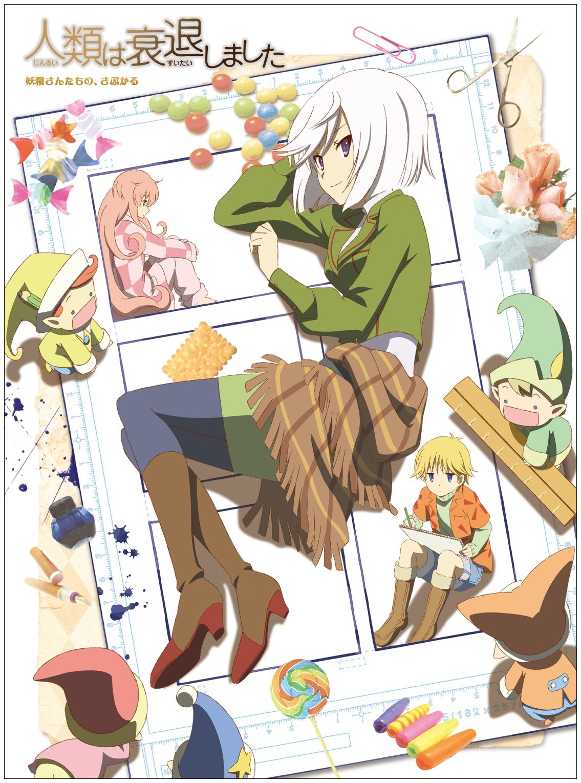 2girls, assistant_(jintai), blonde_hair, boots, candy, checkered_shirt, denim, denim_shorts