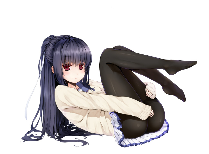 ass, black_hair, black_legwear, copyright_request, covering, covering_crotch, deliverer!, feet