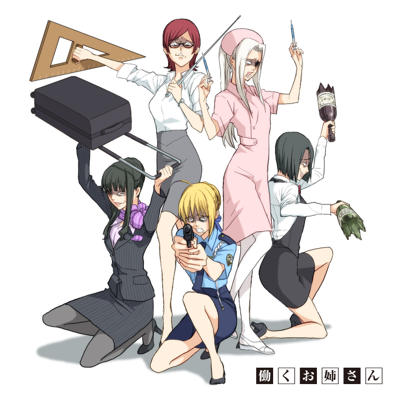 ai0807, ai_(ai0807), black_hair, blonde_hair, broken_bottle, fate/zero, fate_(series), glasses