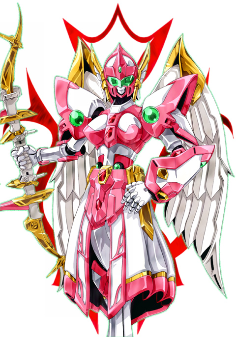 angelg, bow_(weapon), hand_on_hip, lowres, ma-shin, mecha, simple_background, solo