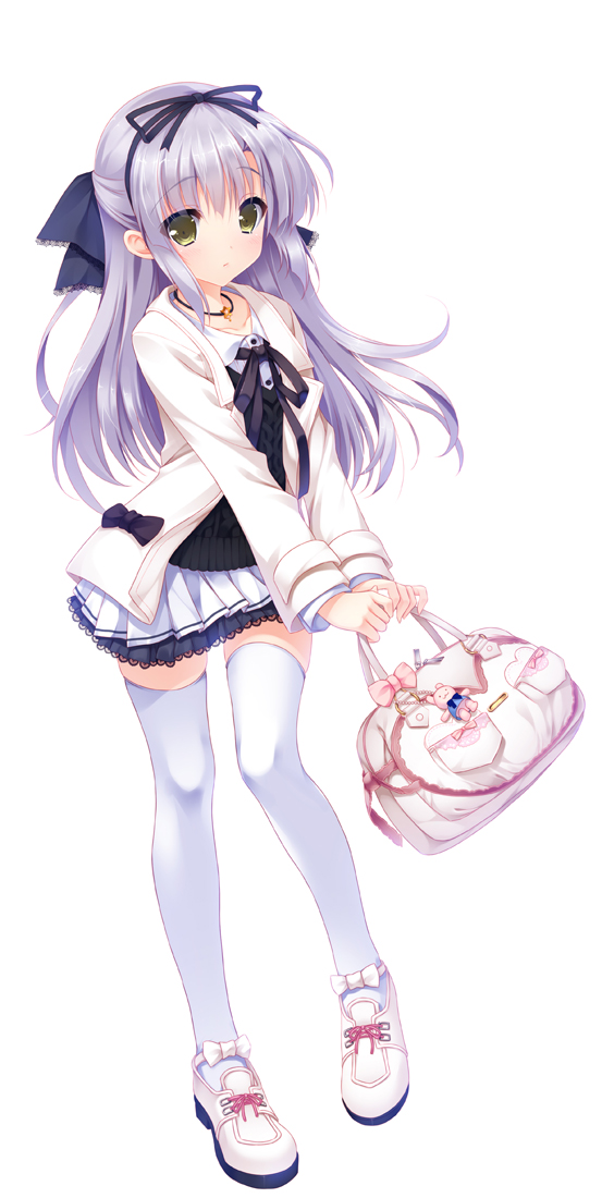 blush, hair_ribbon, half_updo, hayakawa_harui, holding, long_hair, looking_at_viewer, official_art, pleated_skirt, ribbon, silver_hair, simple_background, skirt, solo, takagi_sana, the_garden_of_fifth_zoa, thigh-highs, thighhighs, white_background, white_legwear, yellow_eyes, youta