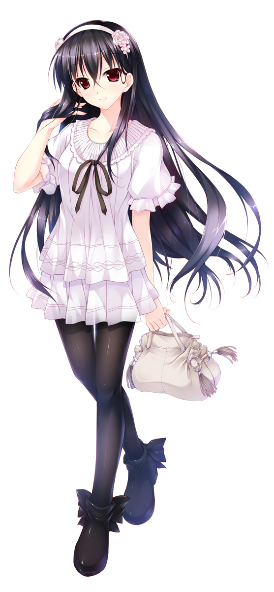bag, black_hair, black_legwear, dress, fashion, hairband, hayakawa_harui, highres