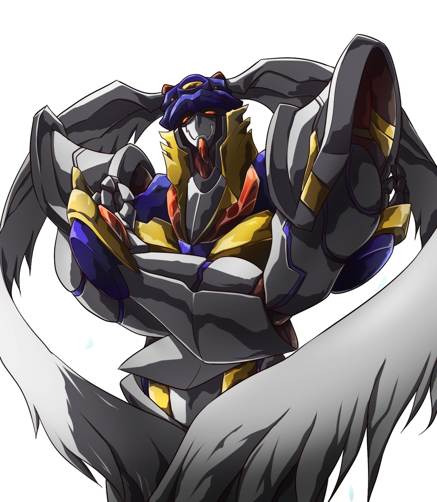 feathers, head_wings, mecha, no_humans, rahxephon, rahxephon_(mecha), simple_background, solo